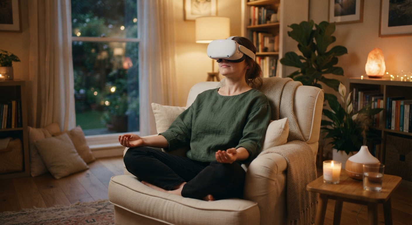 Человек в VR-шлеме на сеансе гипнотерапии
