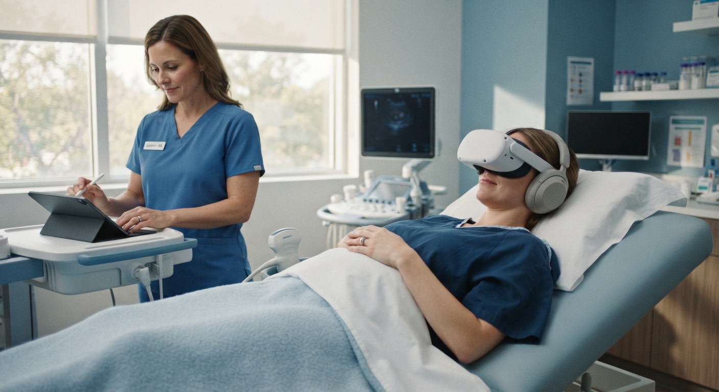 Женщина в VR-шлеме во время процедуры криопереноса